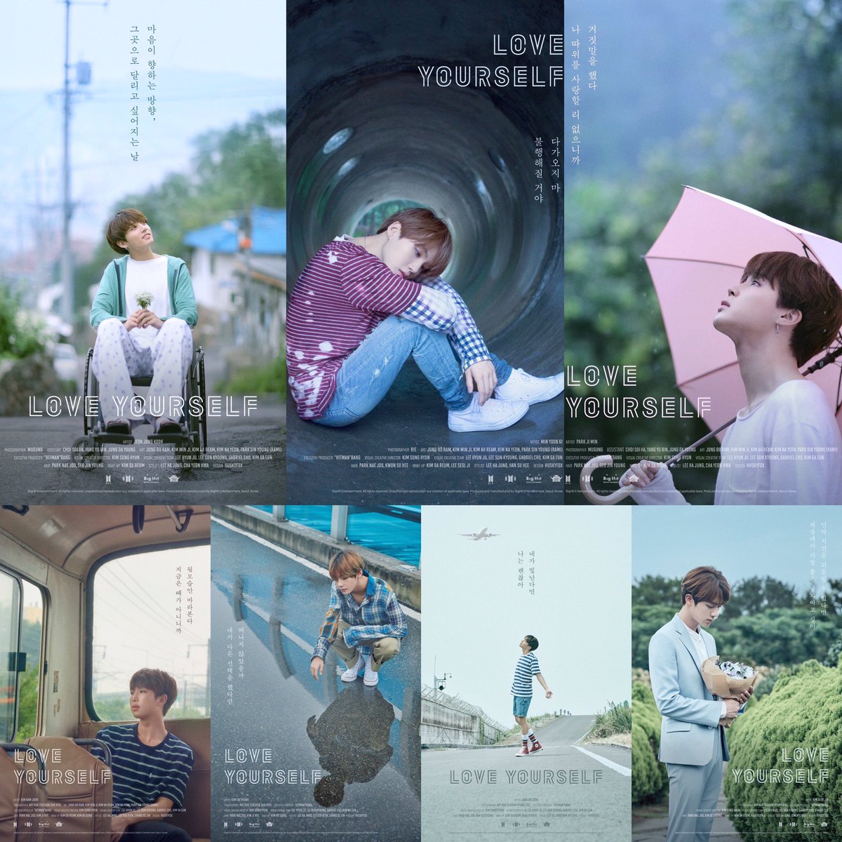 Imagén que contiene siete posters procedentes a los cortos publicados por la boy band surcoreana BTS